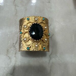 Gold Cuff Bracelet with Black Stone
